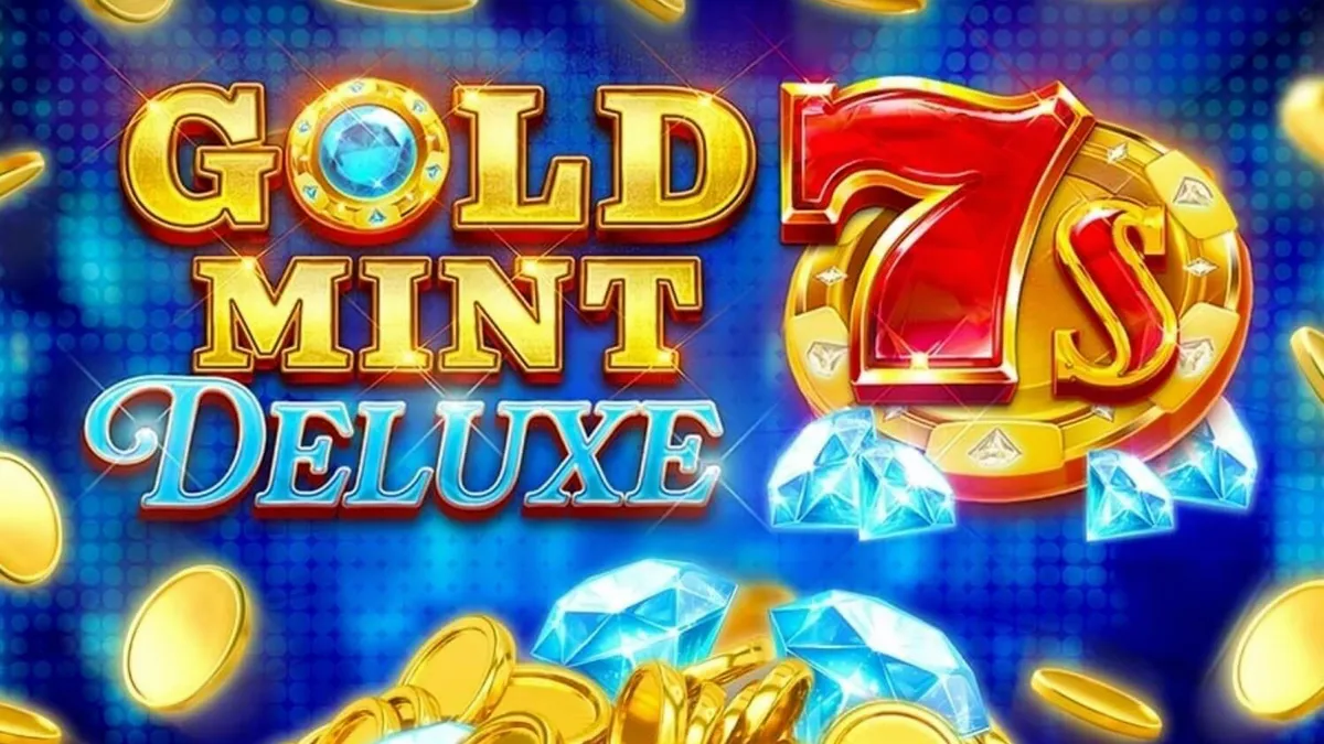 Tampilan layar permainan slot Gold Mint 7s Deluxe dengan gulungan 5x3 yang berkilauan, menampilkan simbol-simbol mewah seperti angka 7, batangan emas, dan permata, serta antarmuka HyperBet®.