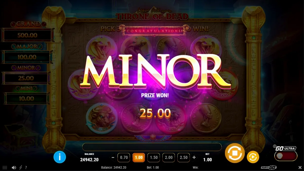 Tampilan visual slot Legion Gold and the Throne of Dead dengan simbol hewan emas dan latar belakang Mesir kuno.